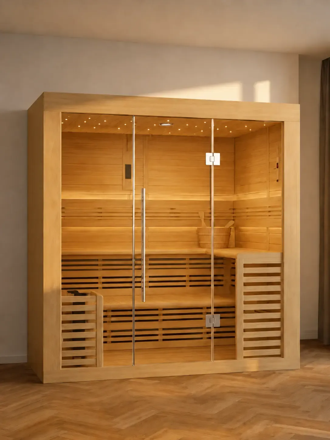 Cabine sauna Utopia installée à l'intérieur, façade vitrée, banquettes en gradins, parquet à chevrons