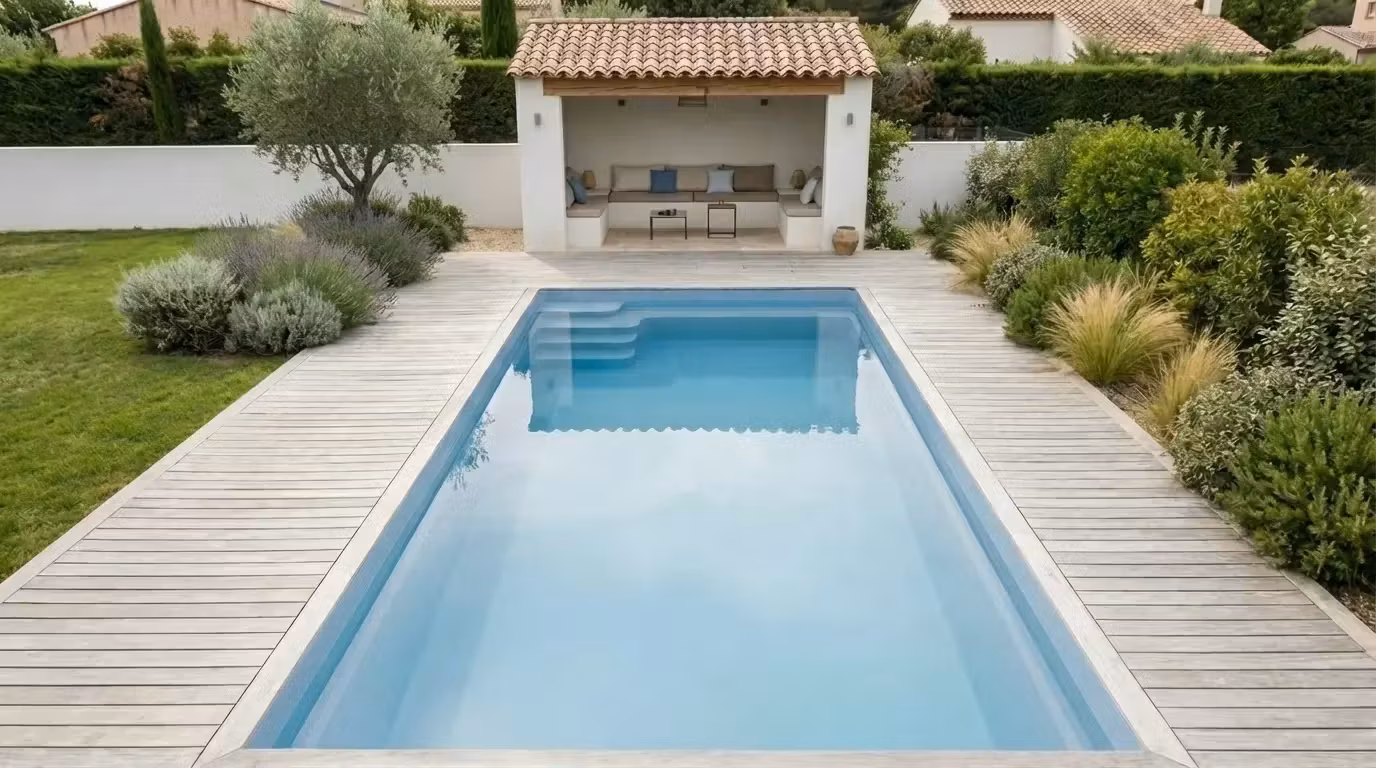 Modèle Star 9 installé à Aix-en-Provence, deck en bois face à un pool house avec salon couvert, massifs de lavandes