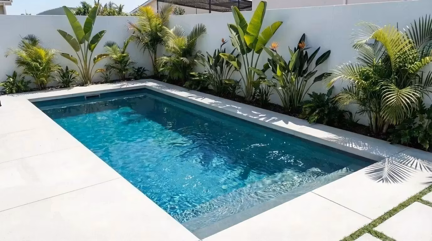 Modèle Space 7 installé à Toulon, terrasse en béton avec haie tropicale de strelitzias et palmiers