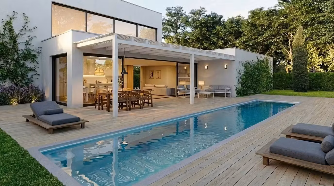 Couloir de nage en deck bois bordant une maison contemporaine, transats et pergola sur la terrasse