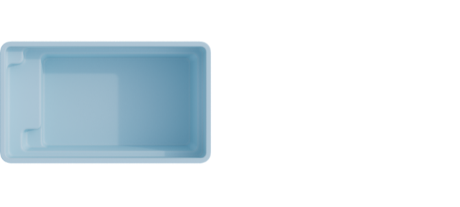 Vue de dessus d'une mini-piscine coque rectangulaire bleu clair avec escalier d'angle, présentation produit sur fond blanc