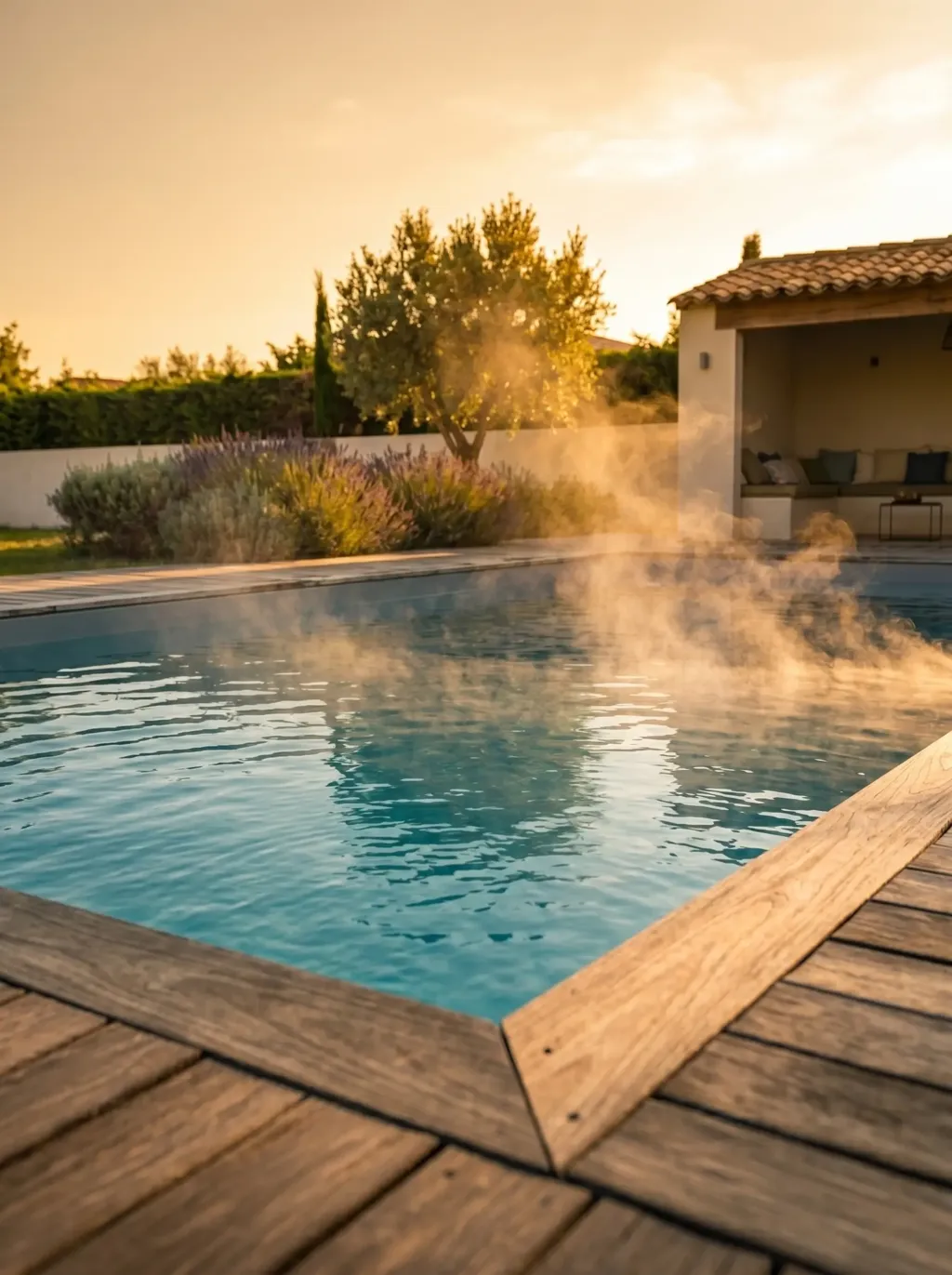 Piscine rectangulaire en fonctionnement au coucher du soleil, légère vapeur d'eau indiquant un chauffage actif