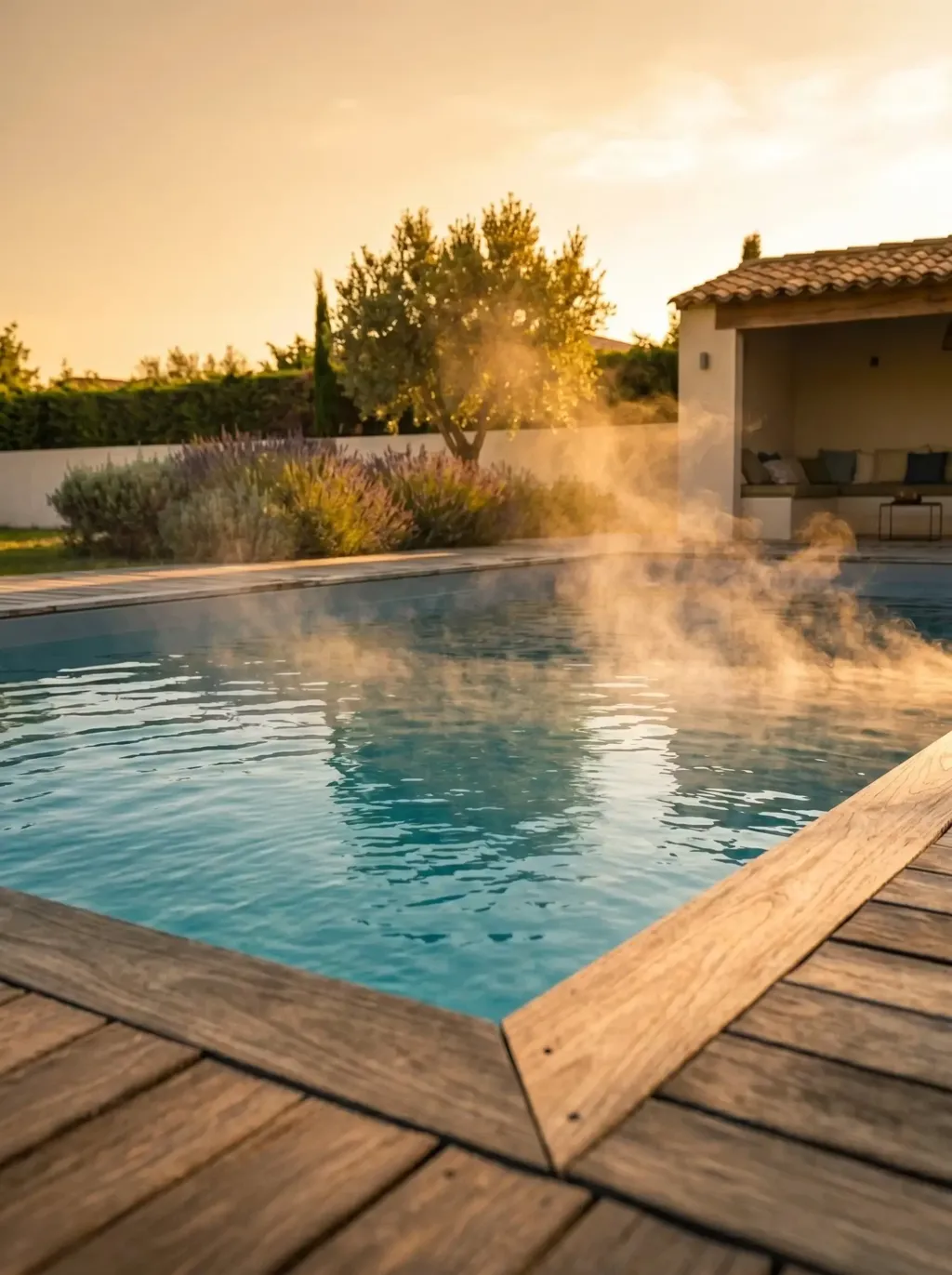 Piscine rectangulaire en fonctionnement au coucher du soleil, légère vapeur d'eau indiquant un chauffage actif