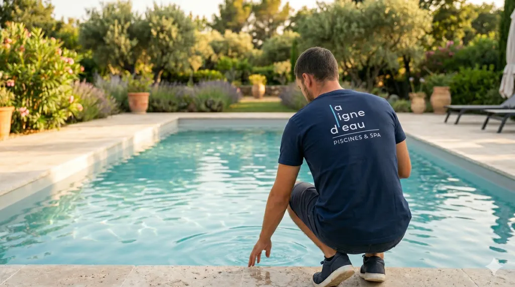 Membre de l'équipe La Ligne d'Eau accroupi au bord d'une piscine, en train de contrôler l'eau