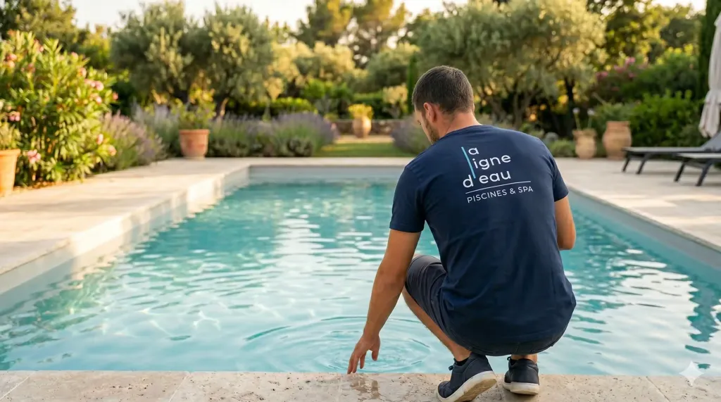 Membre de l'équipe La Ligne d'Eau accroupi au bord d'une piscine, en train de contrôler l'eau