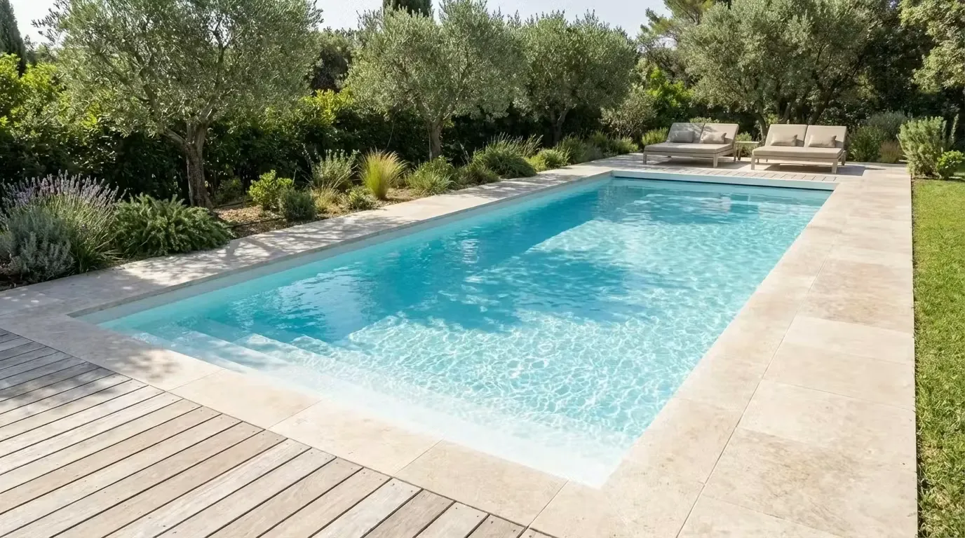 Modèle Space 950 installé à Aix-en-Provence, margelles en travertin entre haie d'oliviers et pelouse