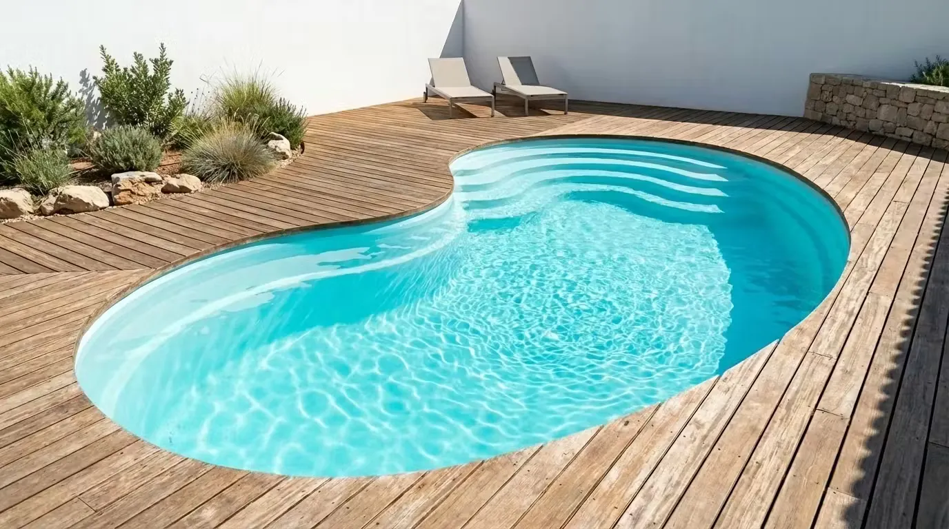 Piscine coque de forme libre type haricot intégrée à un deck en bois clair, transats en fond