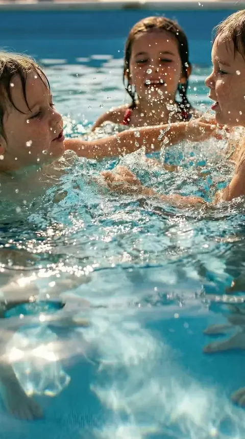 Trois enfants jouant dans une piscine, projections d'eau et rires, contre-jour lumineux