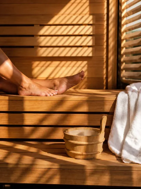 Détail intérieur d'un sauna en bois clair, pieds posés sur la banquette, seau et serviette à portée