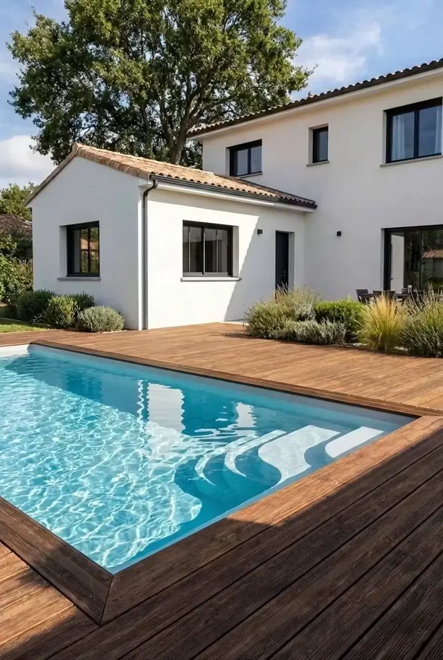 Modèle Sky 7 installé à Aix-en-Provence, deck en bois clair devant un mas provençal aux volets noirs