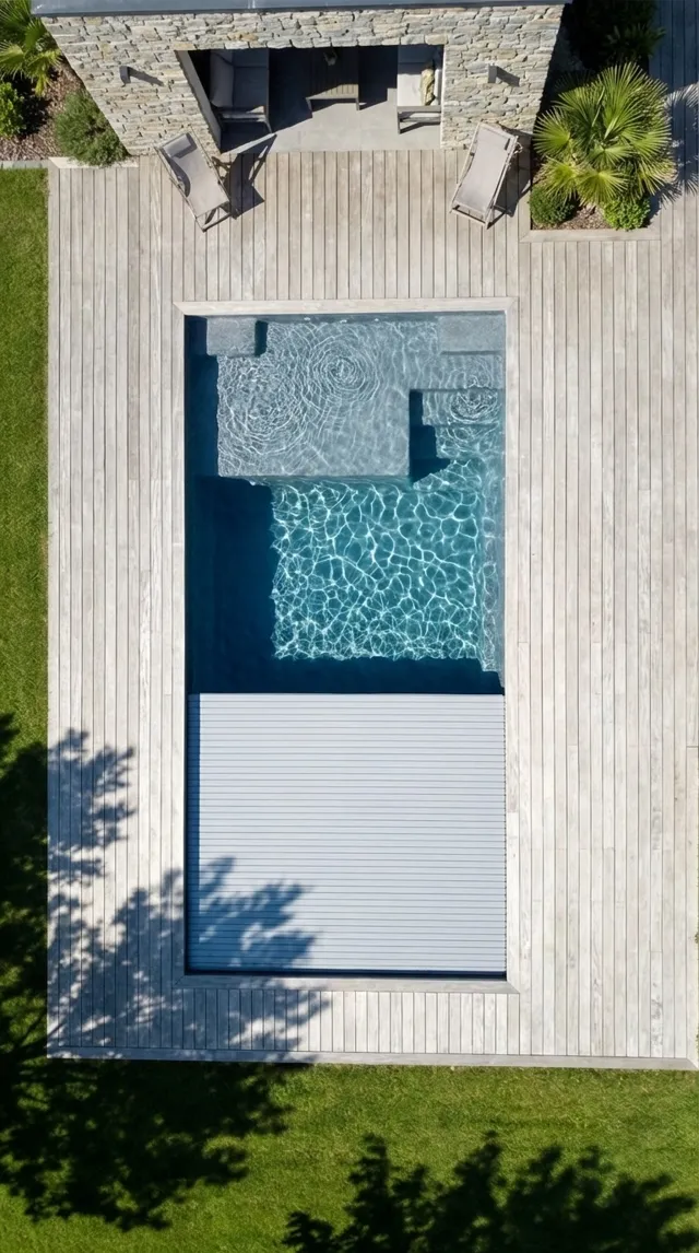 Vue aérienne d'une piscine coque avec volet roulant immergé en cours de fermeture, deck en bois clair et pool house en pierre