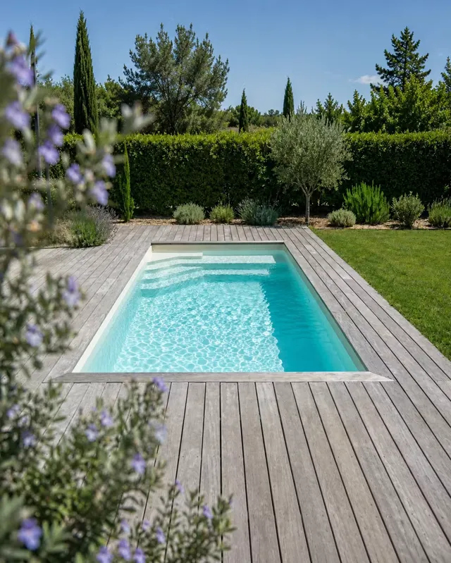 Mini-piscine coque encadrée d'un deck en bois, jardin paysager avec cyprès, olivier et lavandes en premier plan