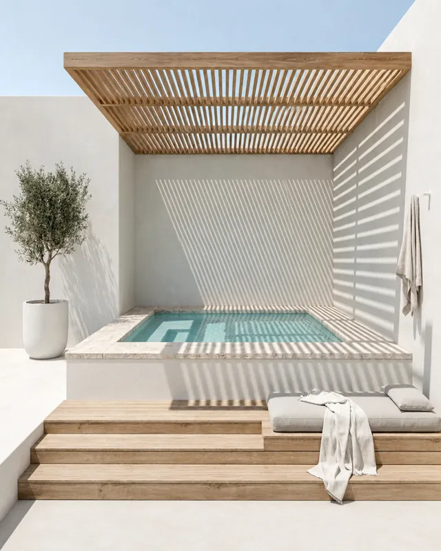 Mini-piscine surélevée bordée de pierre claire, olivier en pot et pergola bois projetant des ombres rythmées