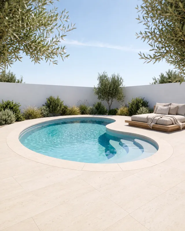 Piscine coque en forme de haricot bordée d'une terrasse en pierre claire, daybed en bois et oliviers en encadrement