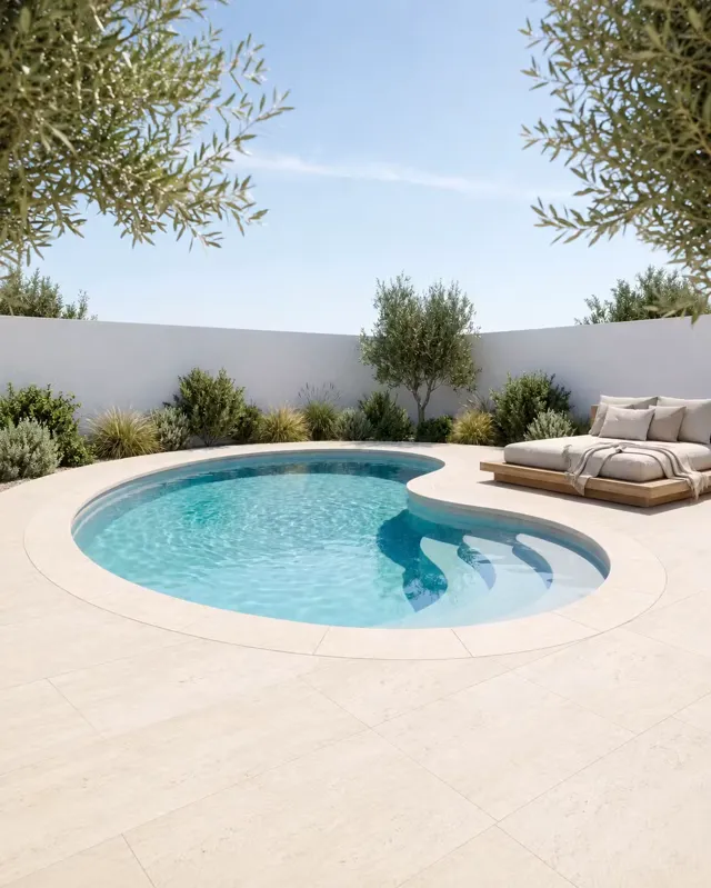 Piscine coque en forme de haricot bordée d'une terrasse en pierre claire, daybed en bois et oliviers en encadrement