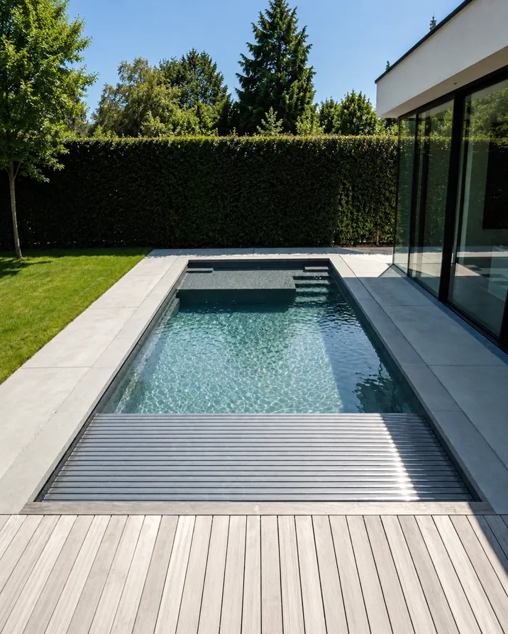 Piscine coque rectangulaire avec volet roulant immergé en cours de fermeture, deck bois et terrasse pierre