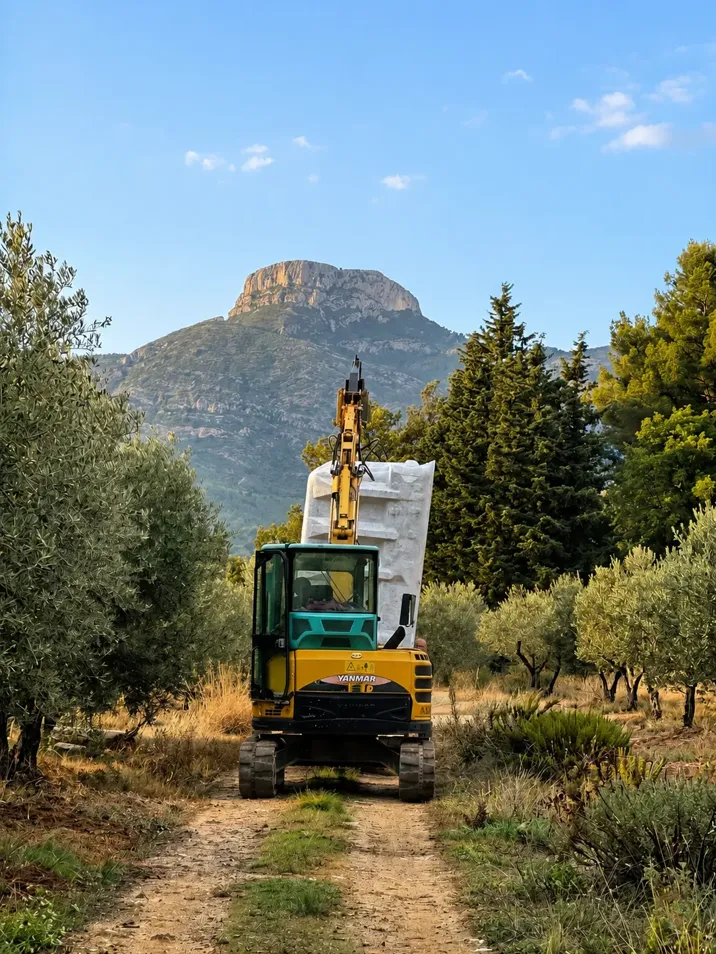 Pelleteuse jaune sur un chemin de terre menant à un chantier de piscine à Aubagne, oliviers et montagne en arrière-plan