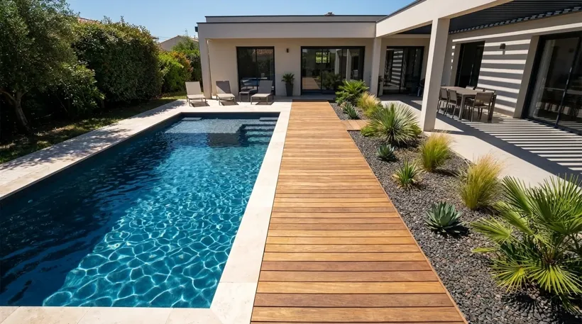 Piscine coque rectangulaire Plage 950 avec deck en bois traversant la terrasse, jardin minéral à Aix-en-Provence