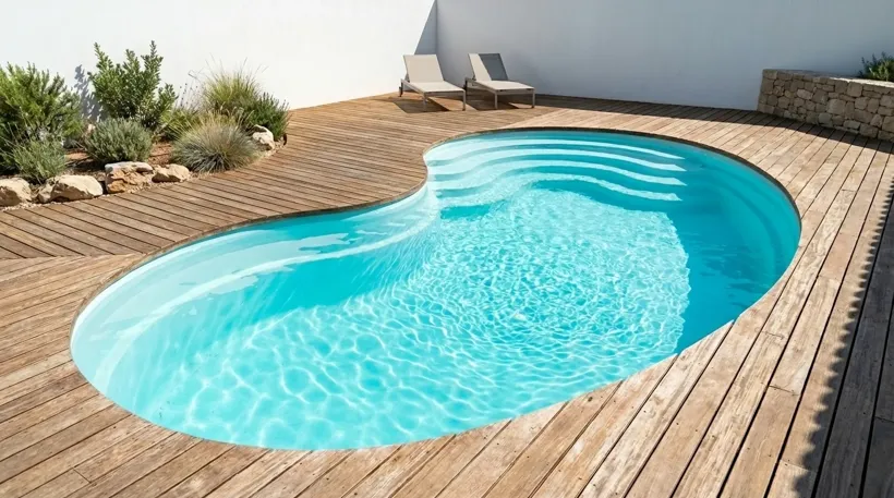 Piscine coque de forme libre type haricot intégrée à un deck en bois clair, transats en fond